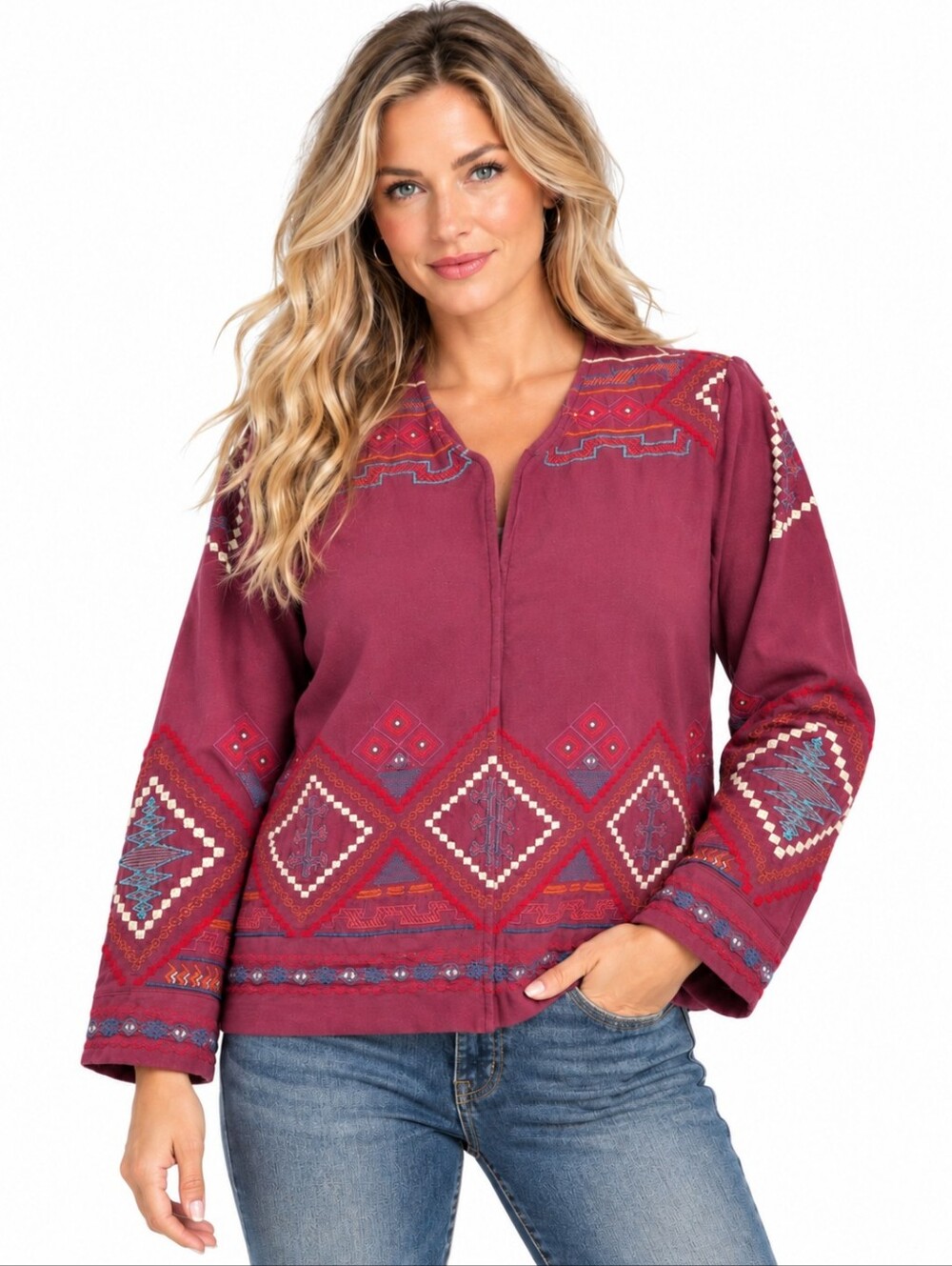 Johnny Was JW Los Angeles Joy Love Light Embroidered Boho Jacket XL Burgundy EUC